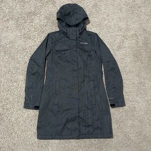 Columbia Jacket Womens Medium Charcoal Gray Geometric Long Coat Removable Hood